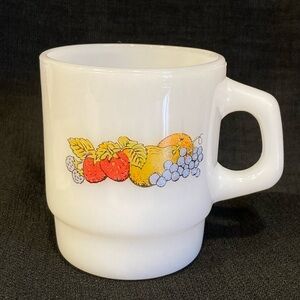 Fire-King Nature’s Bounty Mug – Vintage Milk Glass Fruit Design Stackable